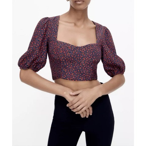 Zara NWT Floral Print Ruched Floral Sweetheart Crop Top Balloon Sleeve Size XS‎ - Picture 2 of 16